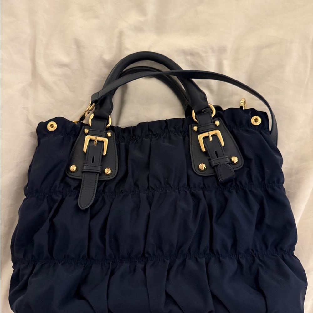 Prada Dark Blue Gathered Shoulder Bag - Picture 2 of 8